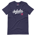 Sababa Season Tee in Vintage Navy featuring baseball script and chai 18 detail by Poppy Lane