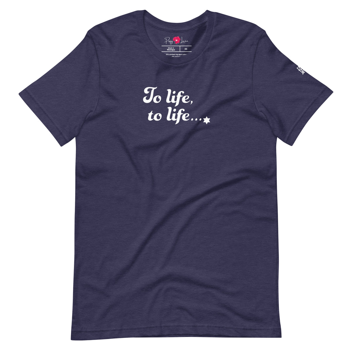 Front view of Heather Midnight Navy To Life, To Life T-shirt by Eitan Chitayat for I'm That Jew®