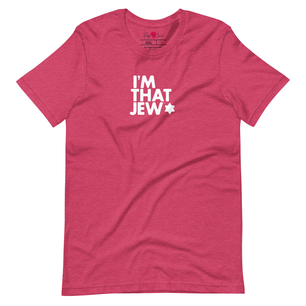 Front view of Heather Raspberry I'm That Jew® unisex short-sleeve T-shirt by Eitan Chitayat
