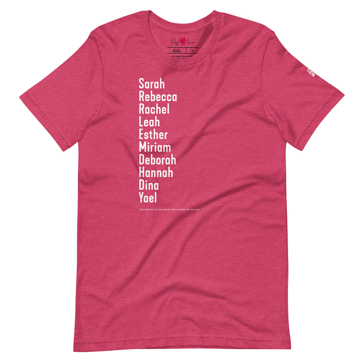 Front view of Heather Raspberry The Ten Jewish Matriarchs T-shirt by Eitan Chitayat for I'm That Jew®, featuring branded sleeve logo