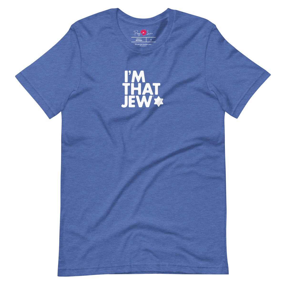 Front view of Heather True Royal I'm That Jew® unisex short-sleeve T-shirt by Eitan Chitayat