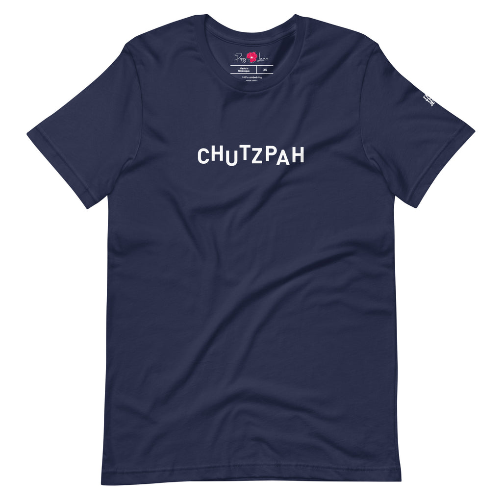 Front view of Navy Chutzpah T-shirt with Hebrew-inspired Chutzpah lettering, designed by Eitan Chitayat for I'm That Jew®