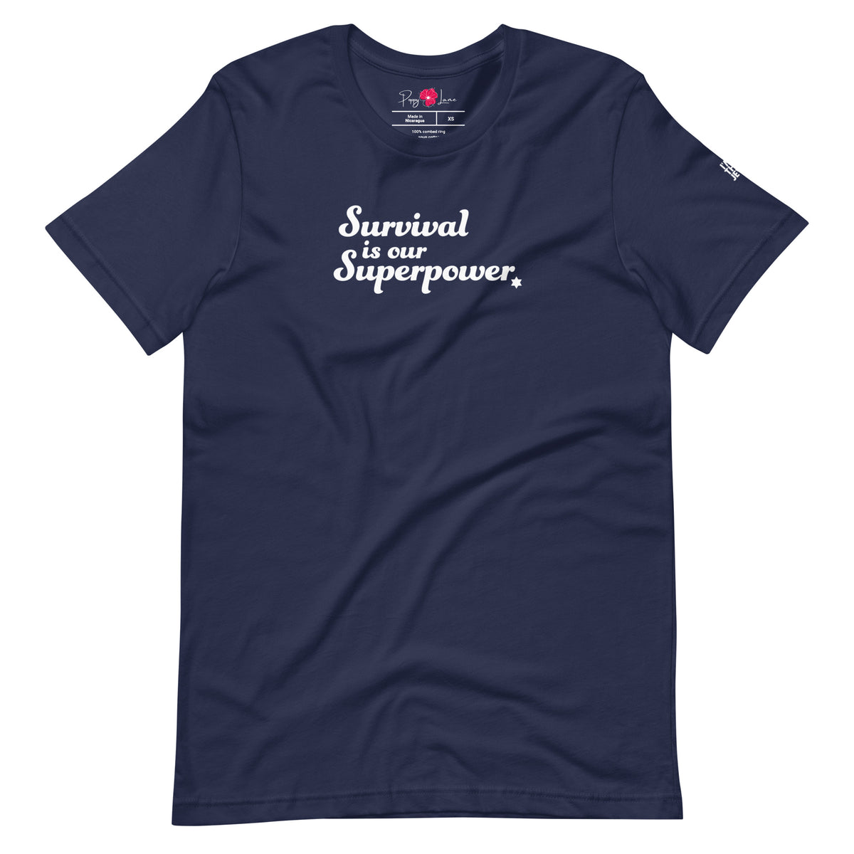 Front view of Navy Survival Is Our Superpower T-shirt by Eitan Chitayat for I'm That Jew®
