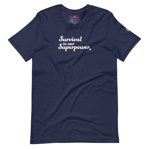Front view of Navy Survival Is Our Superpower T-shirt by Eitan Chitayat for I'm That Jew®