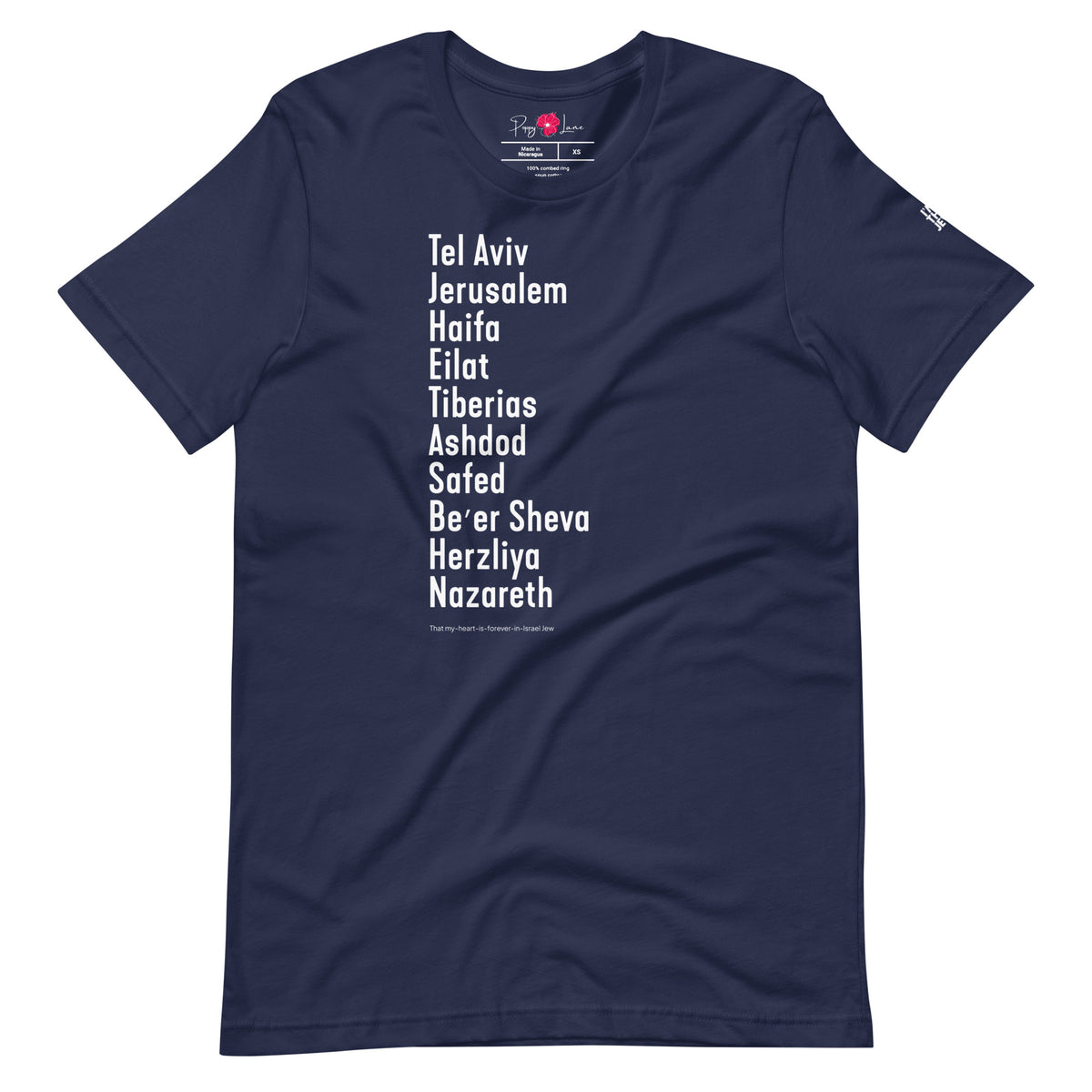 Front view of Navy The Ten Israeli Cities T-shirt by Eitan Chitayat for I'm That Jew®, with branded sleeve logo