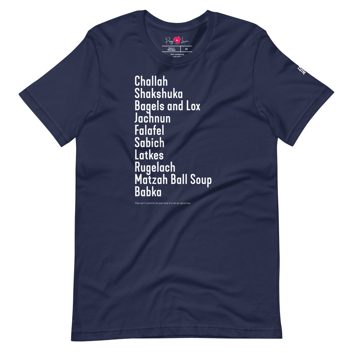 Front view of Navy The Ten Jewish Foods T-shirt by Eitan Chitayat for I'm That Jew®, featuring branded sleeve logo