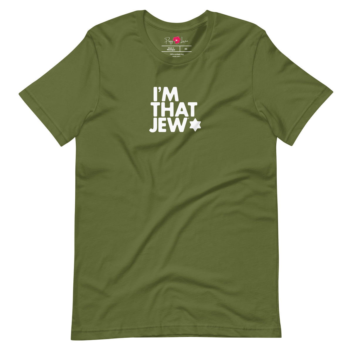 Front view of Olive I'm That Jew® unisex short-sleeve T-shirt by Eitan Chitayat