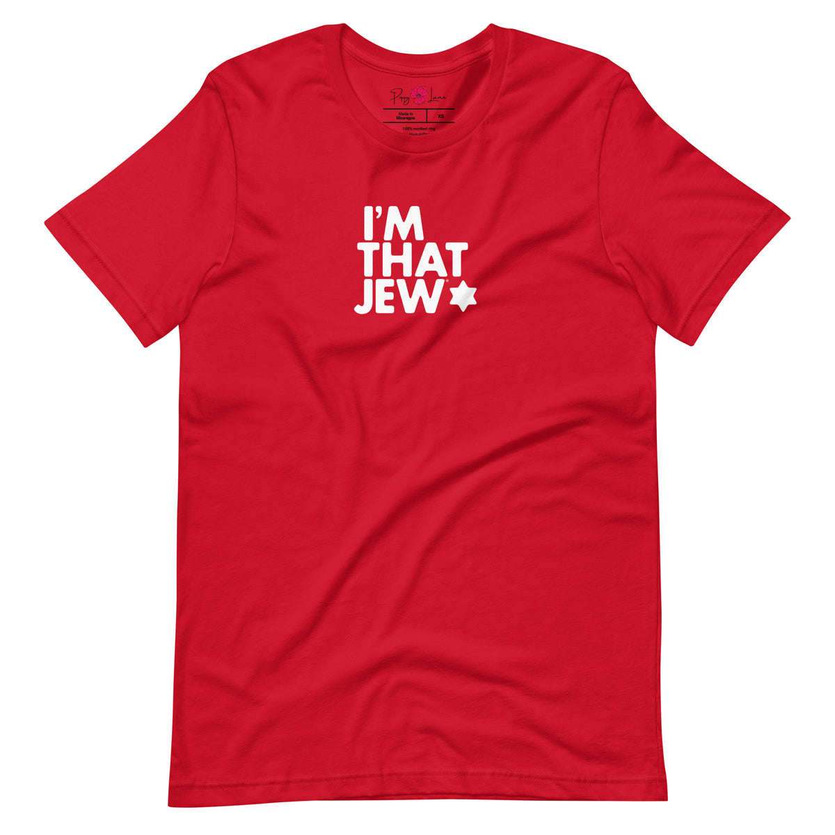 Front view of Red I'm That Jew® unisex short-sleeve T-shirt by Eitan Chitayat