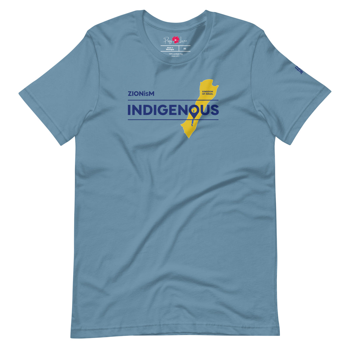 Front view of Steel Blue ZIONisM Indigenous T-shirt featuring an ancient map of Israel, designed by Eitan Chitayat, with I'm That Jew® sleeve logo
