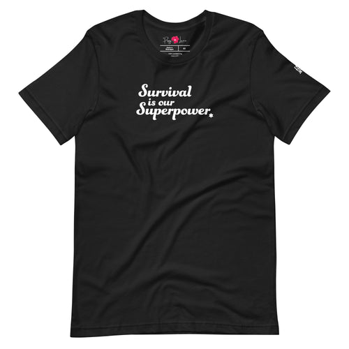 Front view of Vintage Black Survival Is Our Superpower T-shirt by Eitan Chitayat for I'm That Jew®