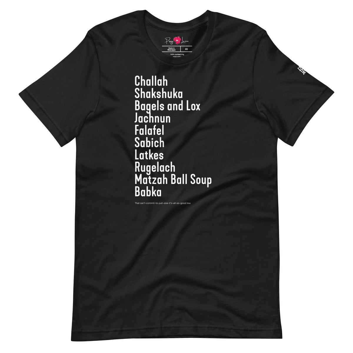 Front view of Vintage Black The Ten Jewish Foods T-shirt by Eitan Chitayat for I'm That Jew®, featuring branded sleeve logo