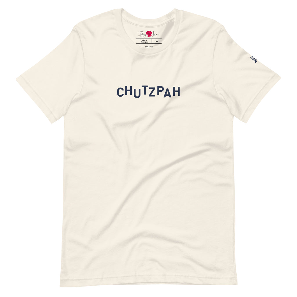 Front view of Vintage White Chutzpah T-shirt with Hebrew-inspired Chutzpah lettering, designed by Eitan Chitayat for I'm That Jew®