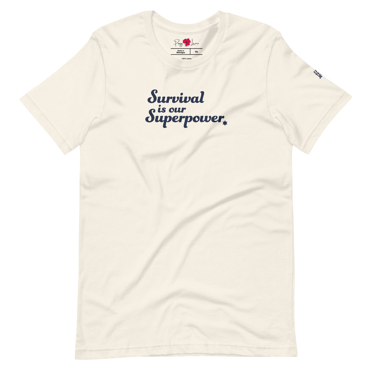 Front view of Vintage White Survival Is Our Superpower T-shirt by Eitan Chitayat for I'm That Jew®