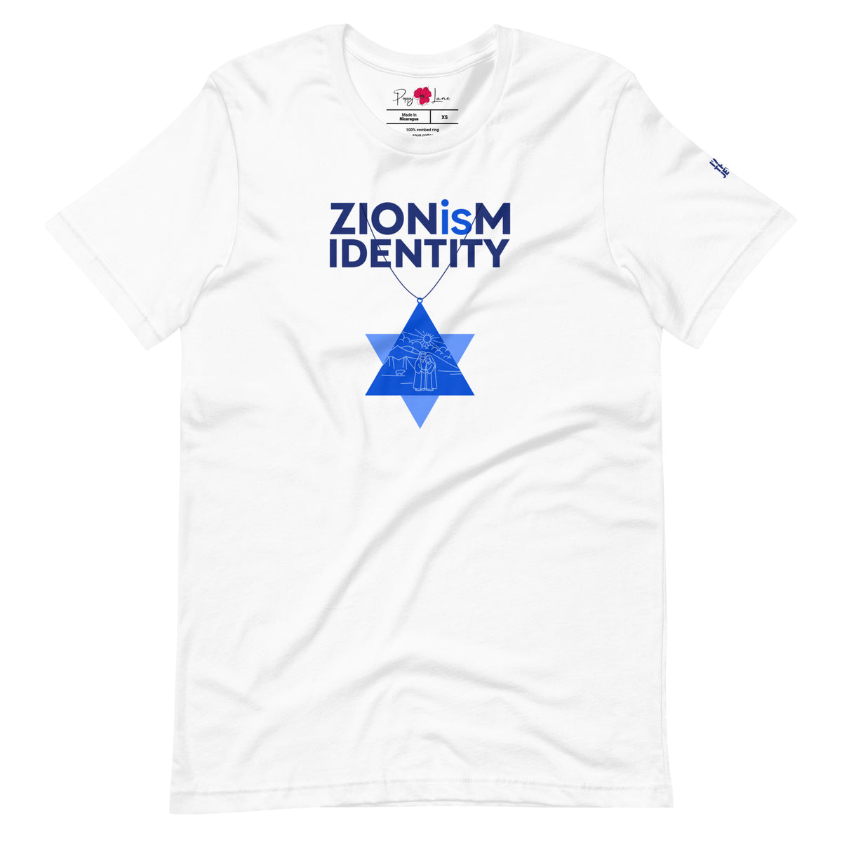 Front view of White ZIONisM Identity T-shirt featuring Star of David graphic by Eitan Chitayat, with I'm That Jew® sleeve logo