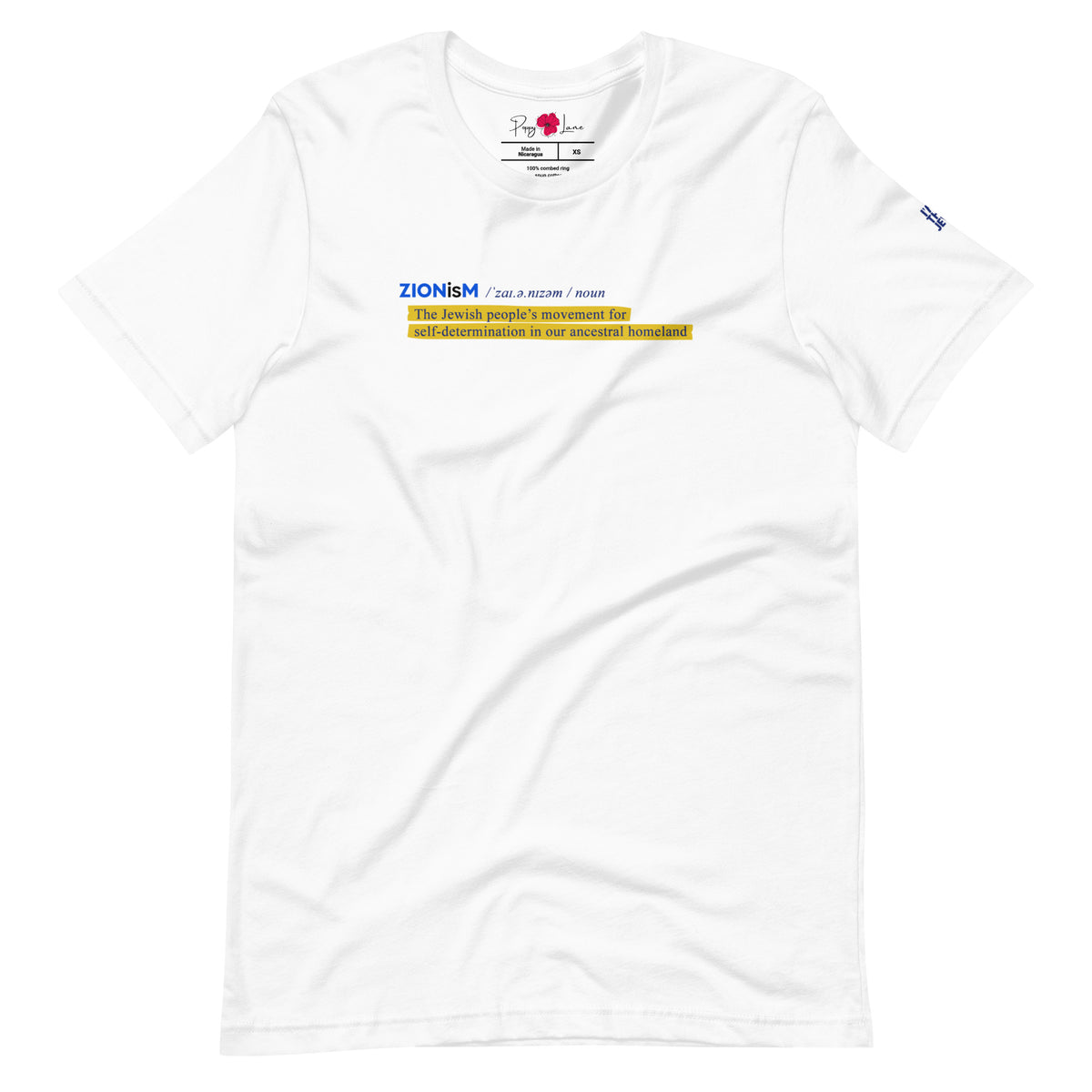 Front view of White ZIONisM Definition T-shirt featuring the definition of Zionism by Eitan Chitayat, with I'm That Jew® sleeve logo