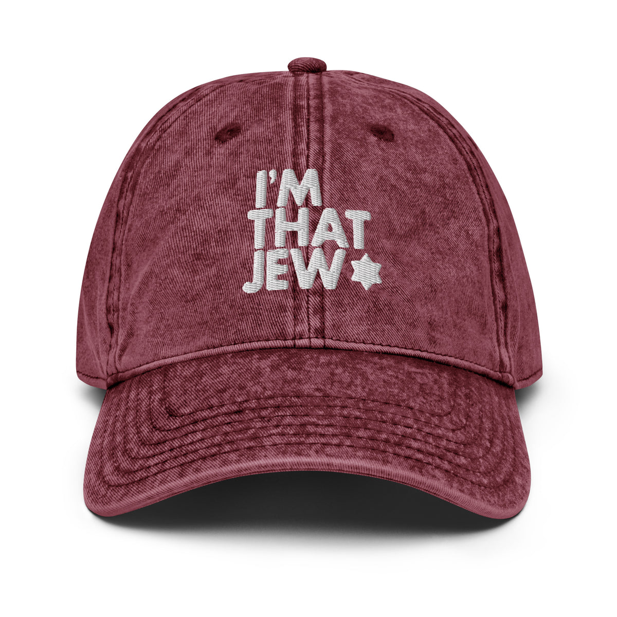 Eitan Chitayat's I'm That Jew™ vintage hat in maroon with 3D white embroidery