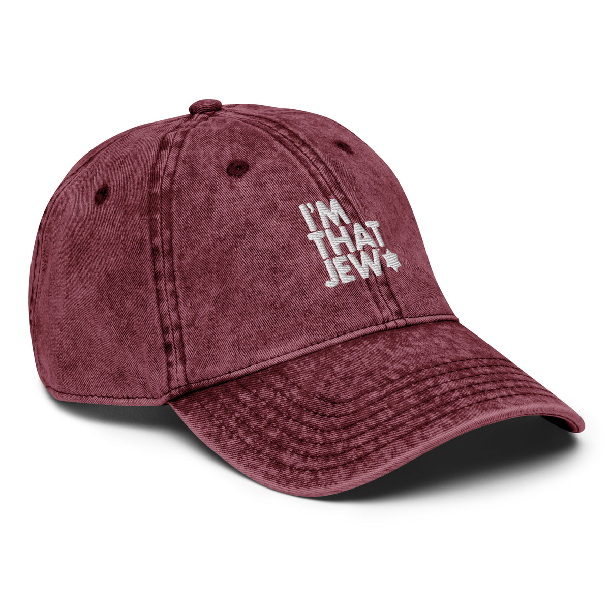 I’m That Jew™ Vintage Hat in washed maroon with white embroidery, angled view, by Eitan Chitayat
