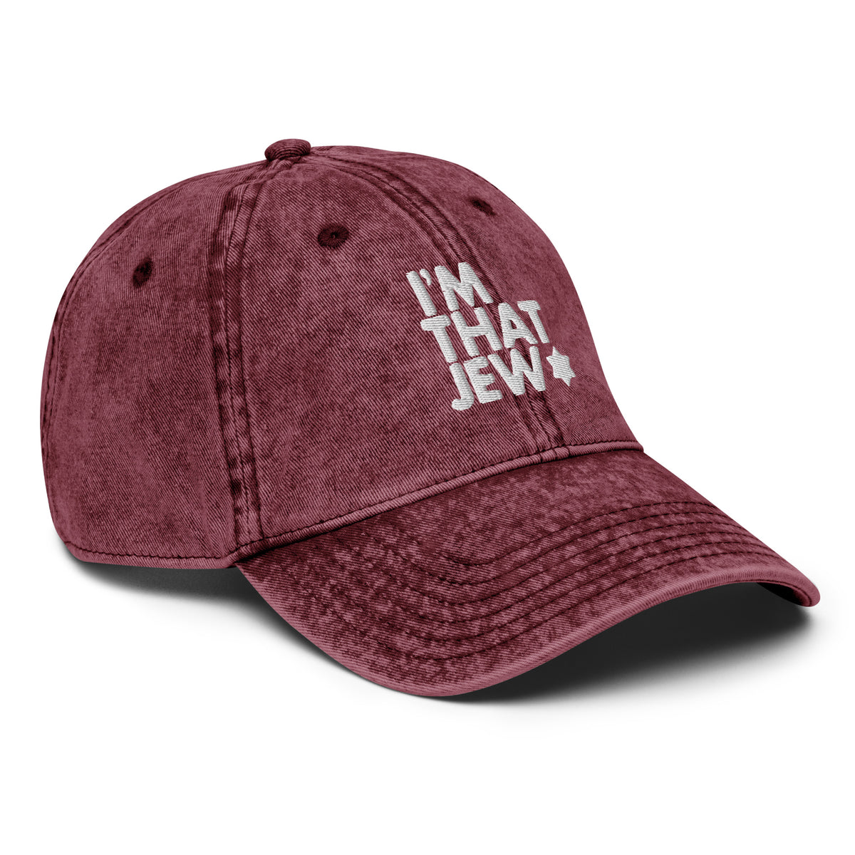 Eitan Chitayat's I'm That Jew™ vintage hat in maroon with 3D white embroidery, angled view