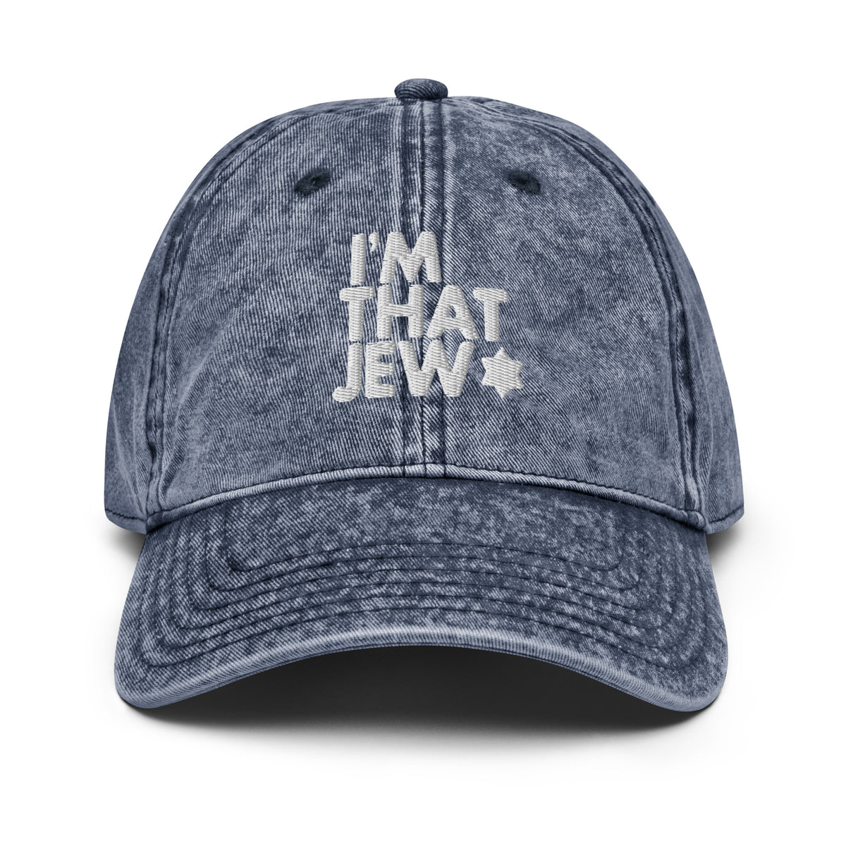 Eitan Chitayat's I'm That Jew™ vintage hat in navy with 3D white embroidery