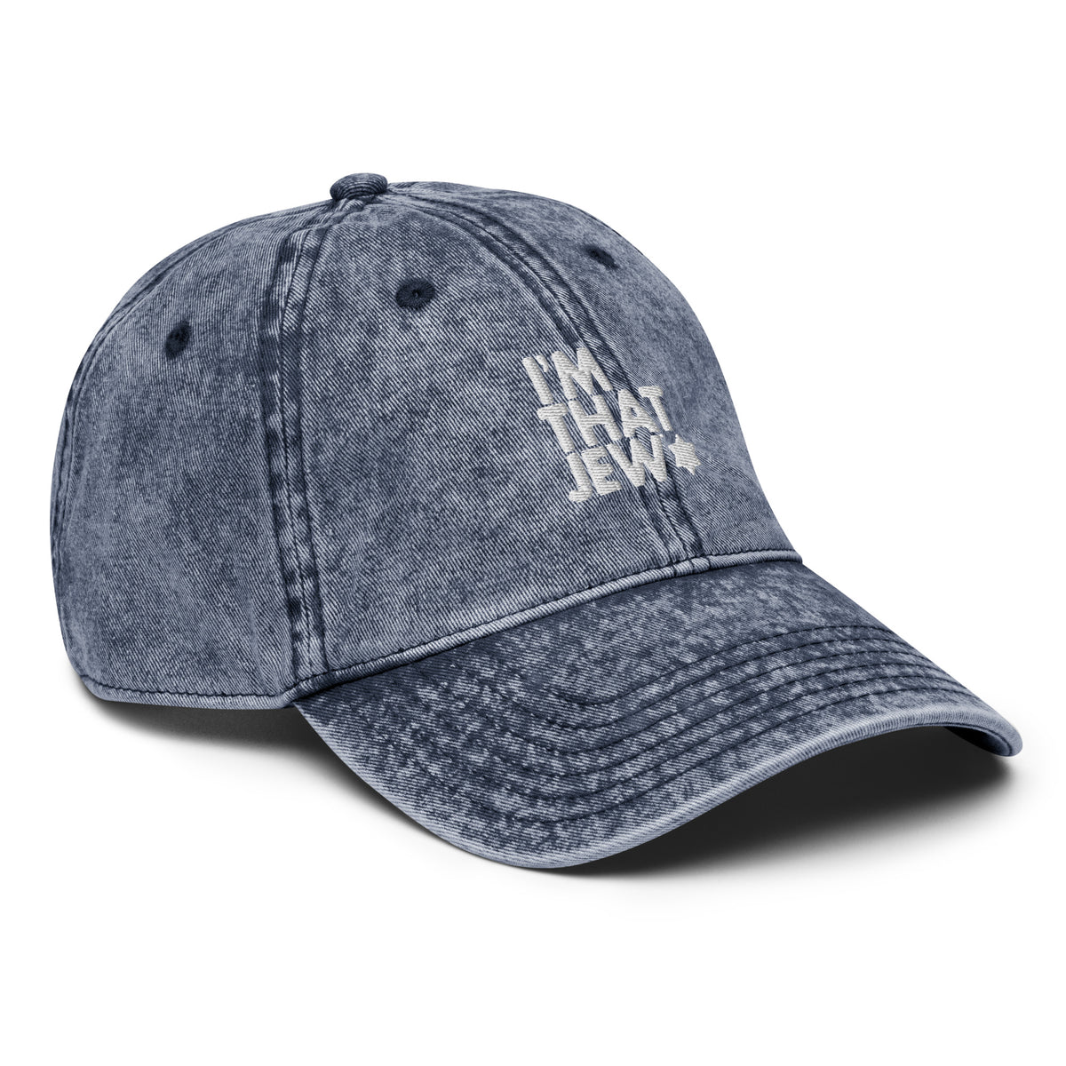 I’m That Jew™ Vintage Hat in washed navy with white embroidery, angled view, by Eitan Chitayat