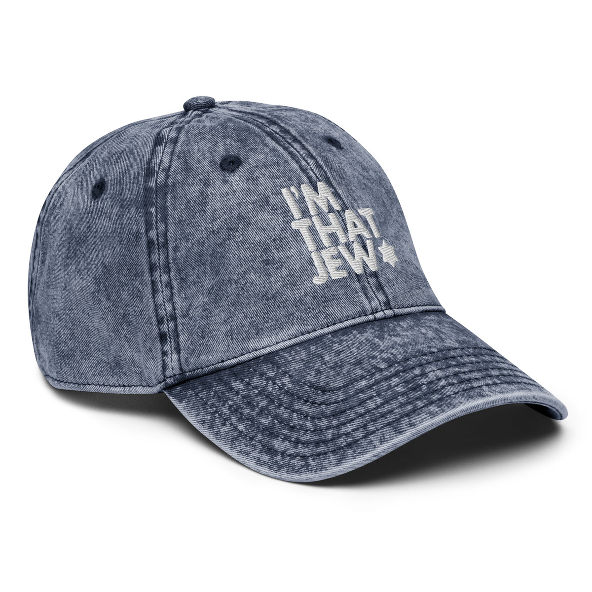 Eitan Chitayat's I'm That Jew™ vintage hat in navy with 3D white embroidery, angled view