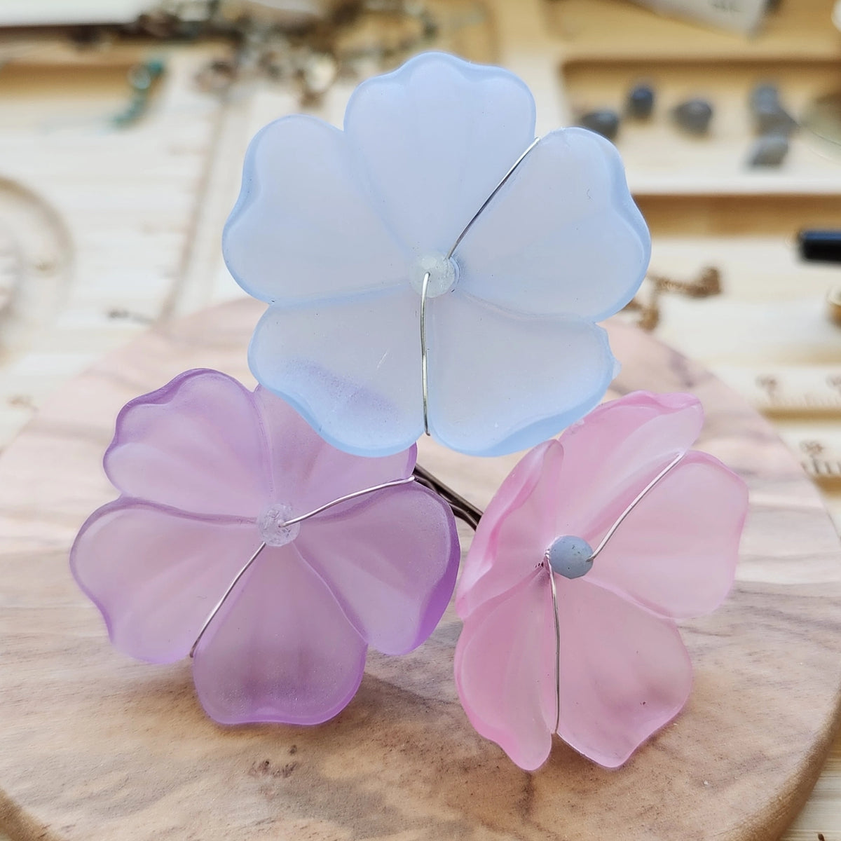 Ice blue, lavender and pink Vintage Lucite Poppy Hairpins by Sara Sela