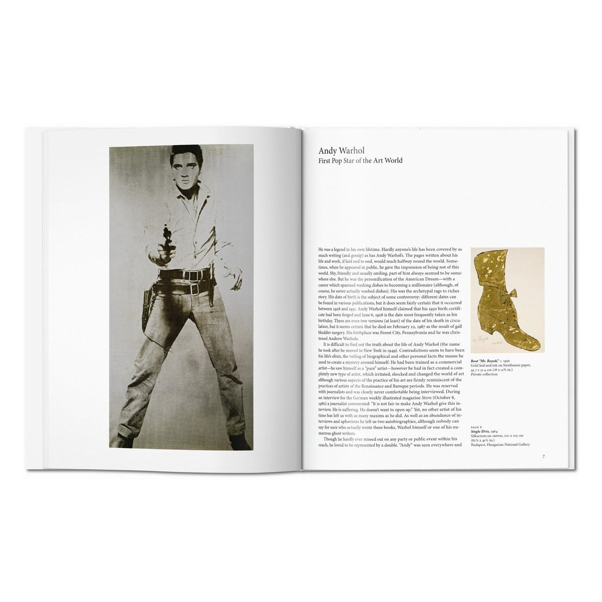 Warhol art book open to a photograph of Andy Warhol and accompanying text