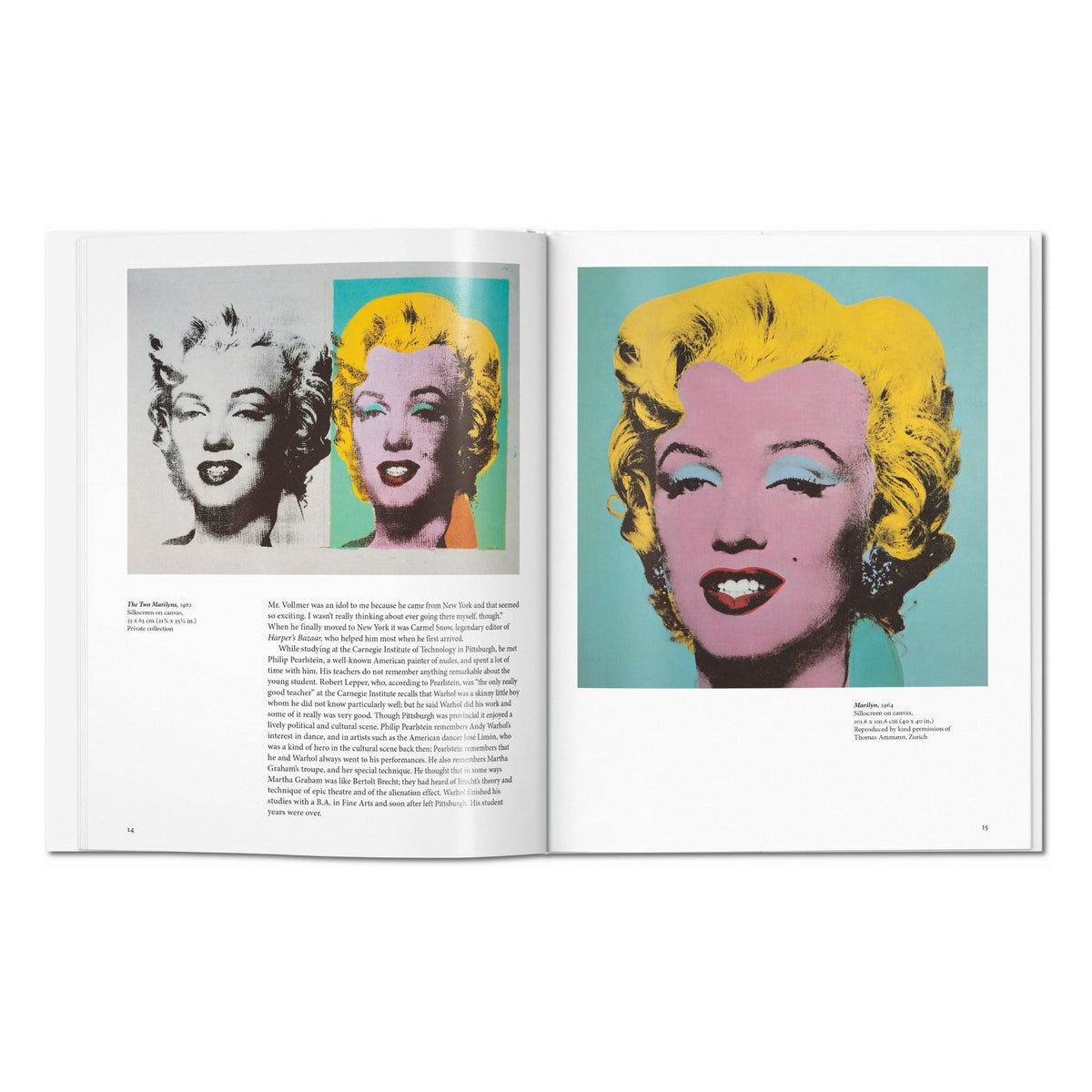 Alt: Warhol art book open to Andy Warhol's Marilyn Monroe portraits