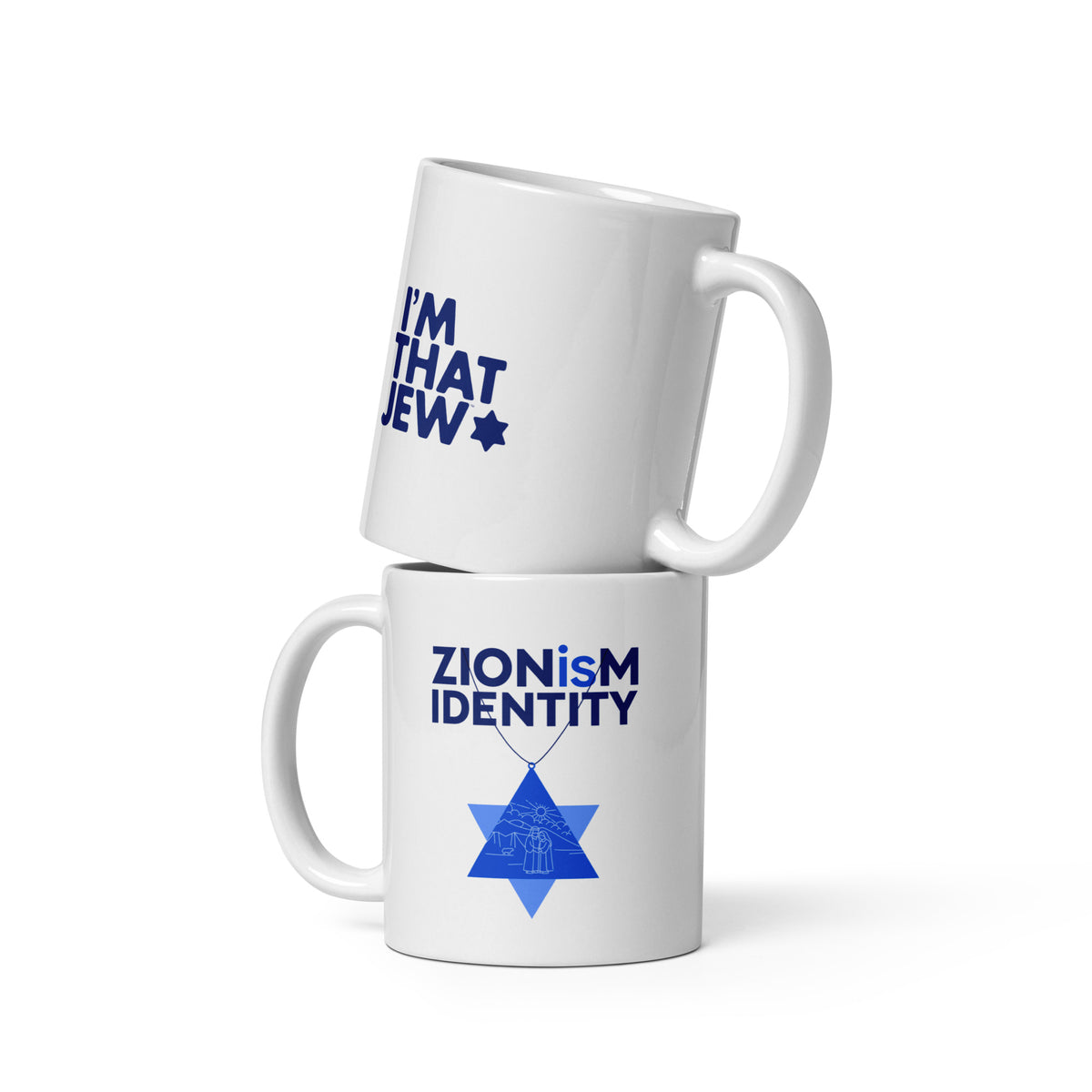 Two stacked views of the ZIONisM Identity mug showing I’m That Jew on one side and ZIONisM Identity artwork on the other.