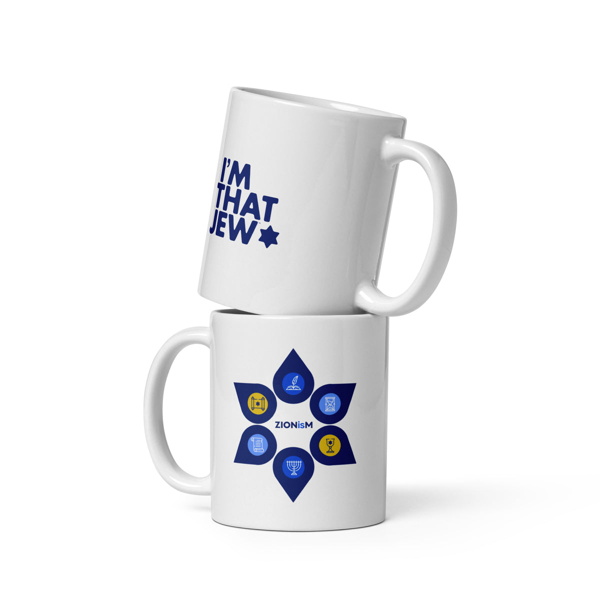Two stacked views of the ZIONisM Values mug showing I’m That Jew on one side and ZIONisM Values artwork on the other.
