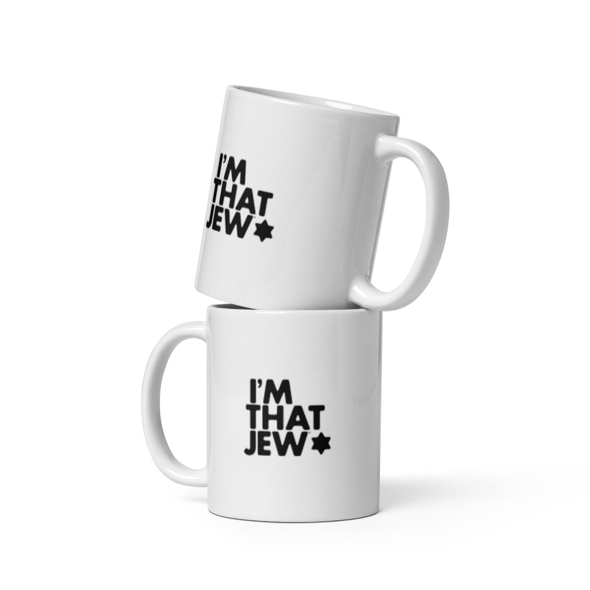 Two stacked views of the I'm That Jew™ mug showing I’m That Jew™ logo in black on both sides.