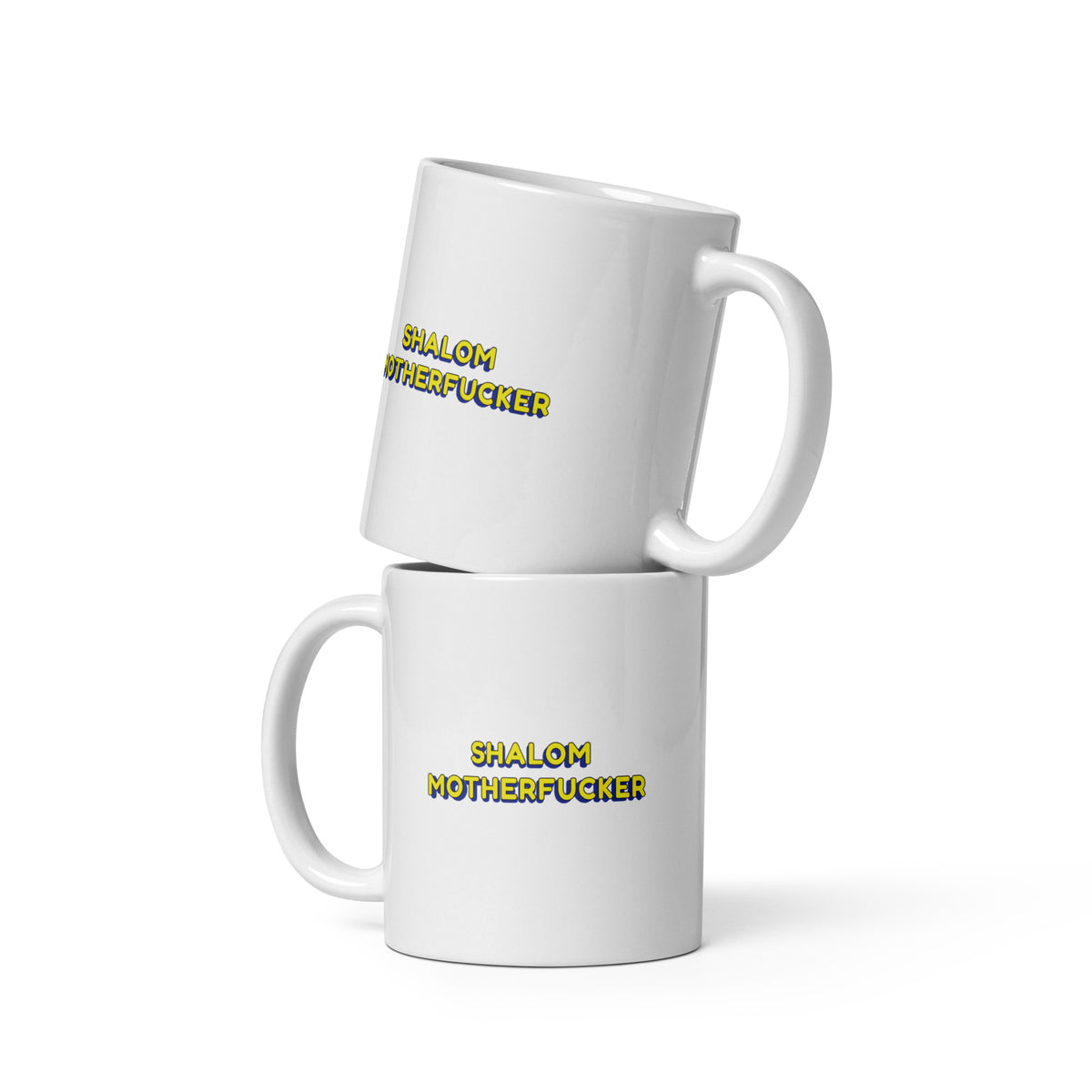 Two stacked views of the Shalom Motherfucker mug showing the artwork on both sides.