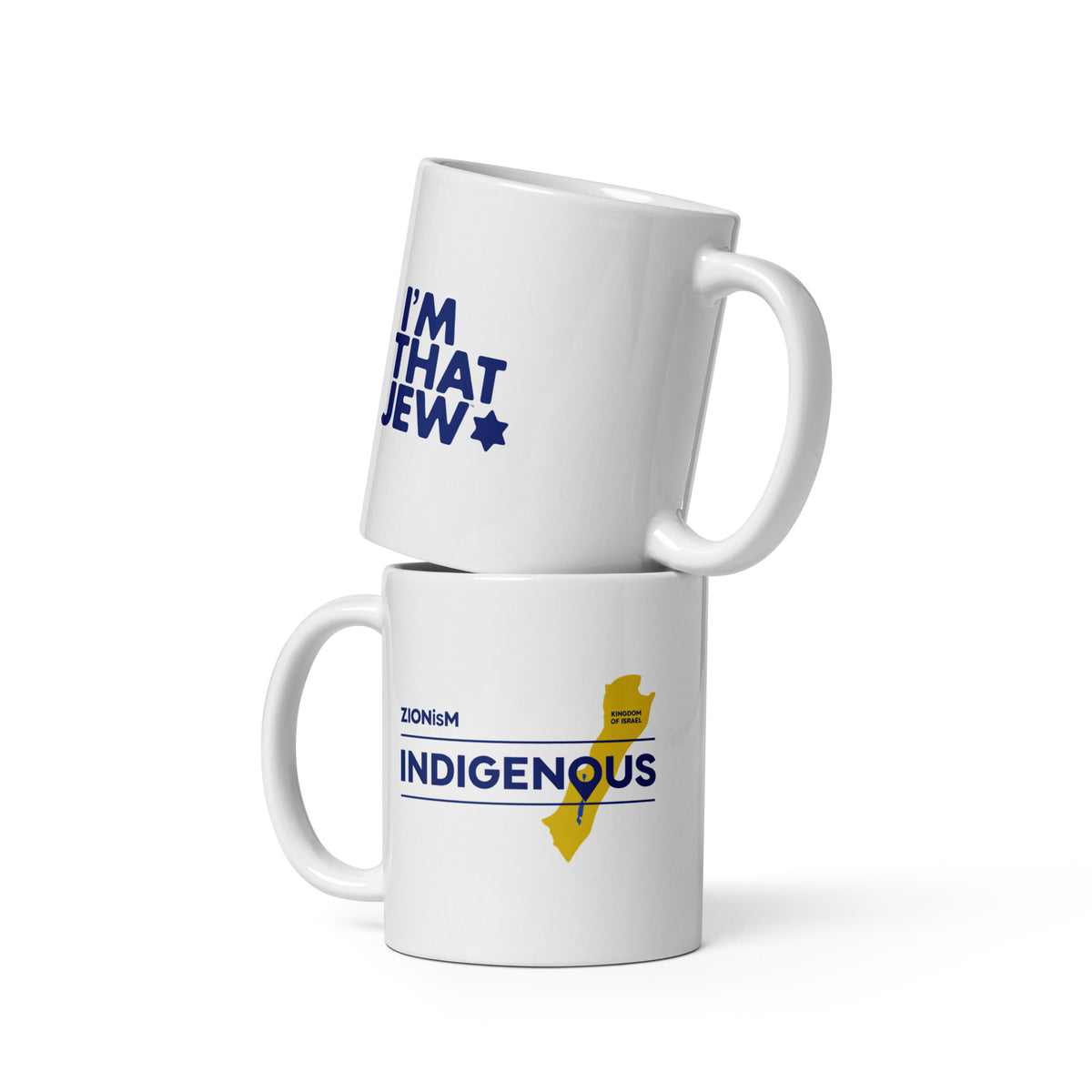 Two stacked views of the ZIONisM Indigenous mug showing I’m That Jew on one side and ZIONisM Indigenous artwork on the other.