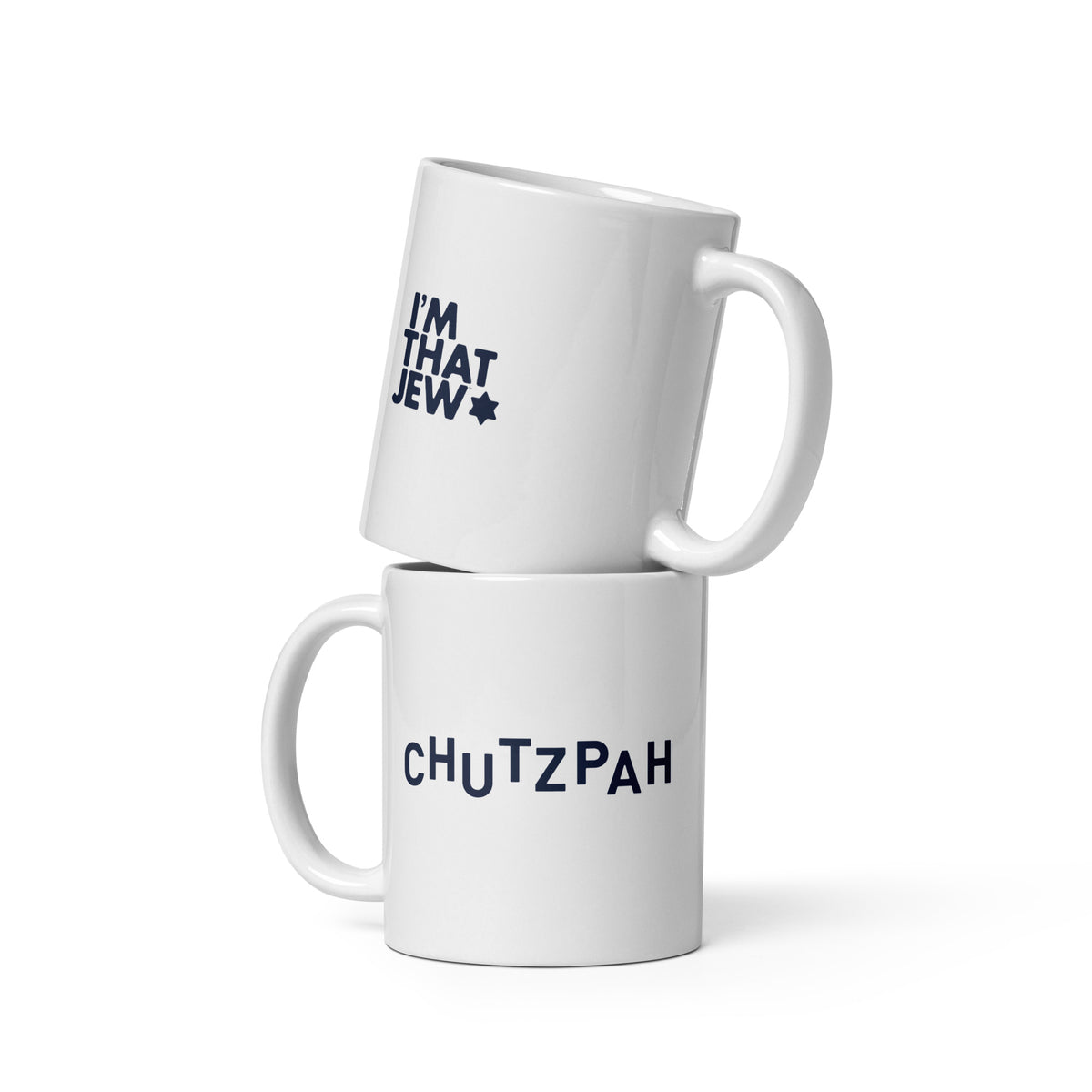 Two stacked views of the CHUTZPAH mug showing I’m That Jew on one side and CHUTZPAH artwork on the other.