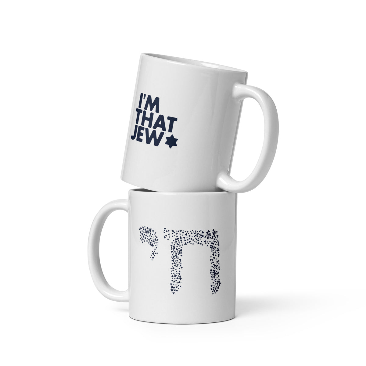 Two stacked views of the Chai mug showing I’m That Jew on one side and Chai artwork on the other.