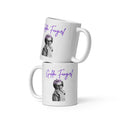 Two stacked white Golda Fangirl  mugs featuring Golda Meir and purple script 