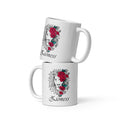 Two stacked white Nova Zioness  mugs featuring a lion and red flowers