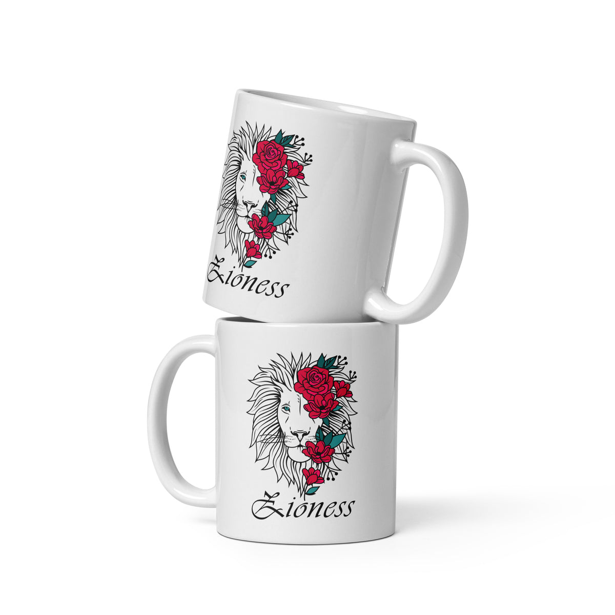 Two stacked white Nova Zioness  mugs featuring a lion and red flowers