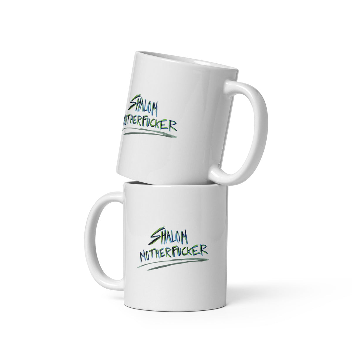 Two stacked white Shalom Motherfucker mugs by Eitan Chitayat and art by Shonna Drew