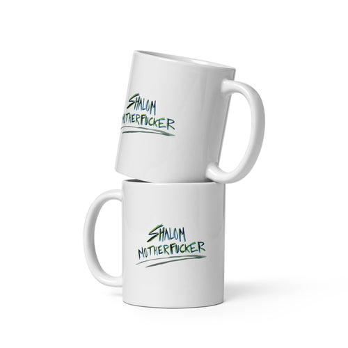 Two stacked white Shalom Motherfucker mugs by Eitan Chitayat and art by Shonna Drew