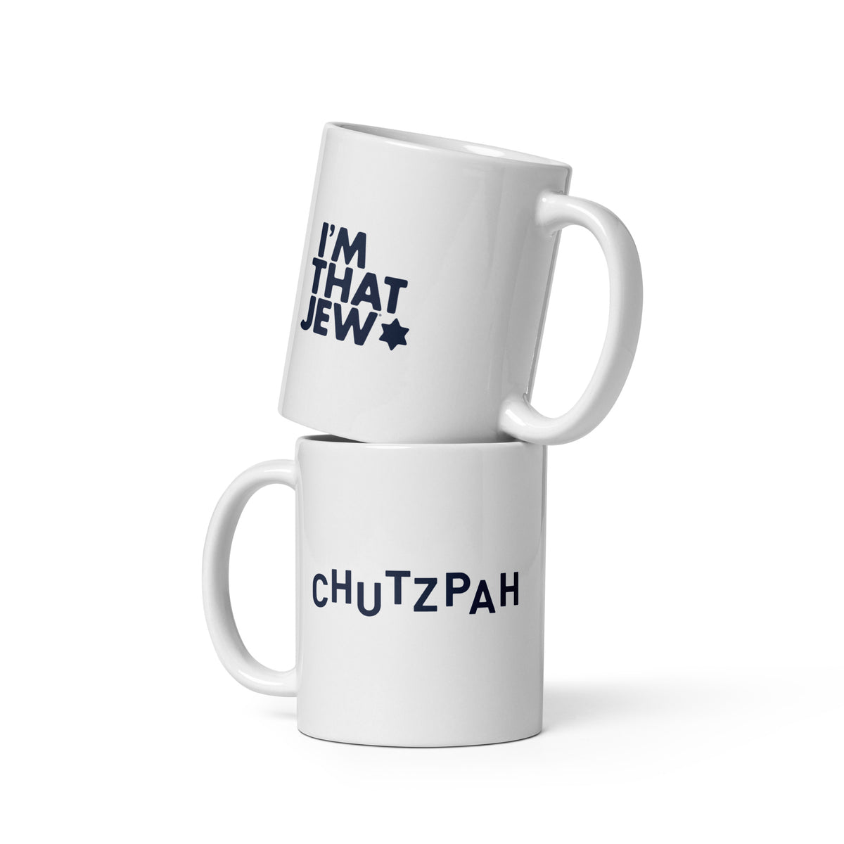 White ceramic Chutzpah mug featuring Eitan Chitayat's I'm That Jew® design, front view