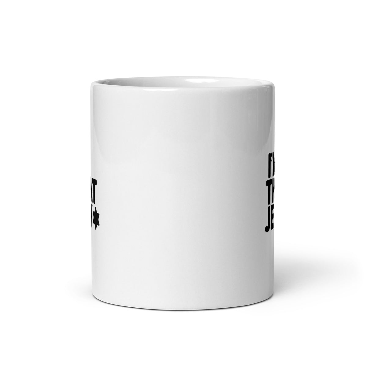 Front view of white I'm That Jew® ceramic mug with black logo