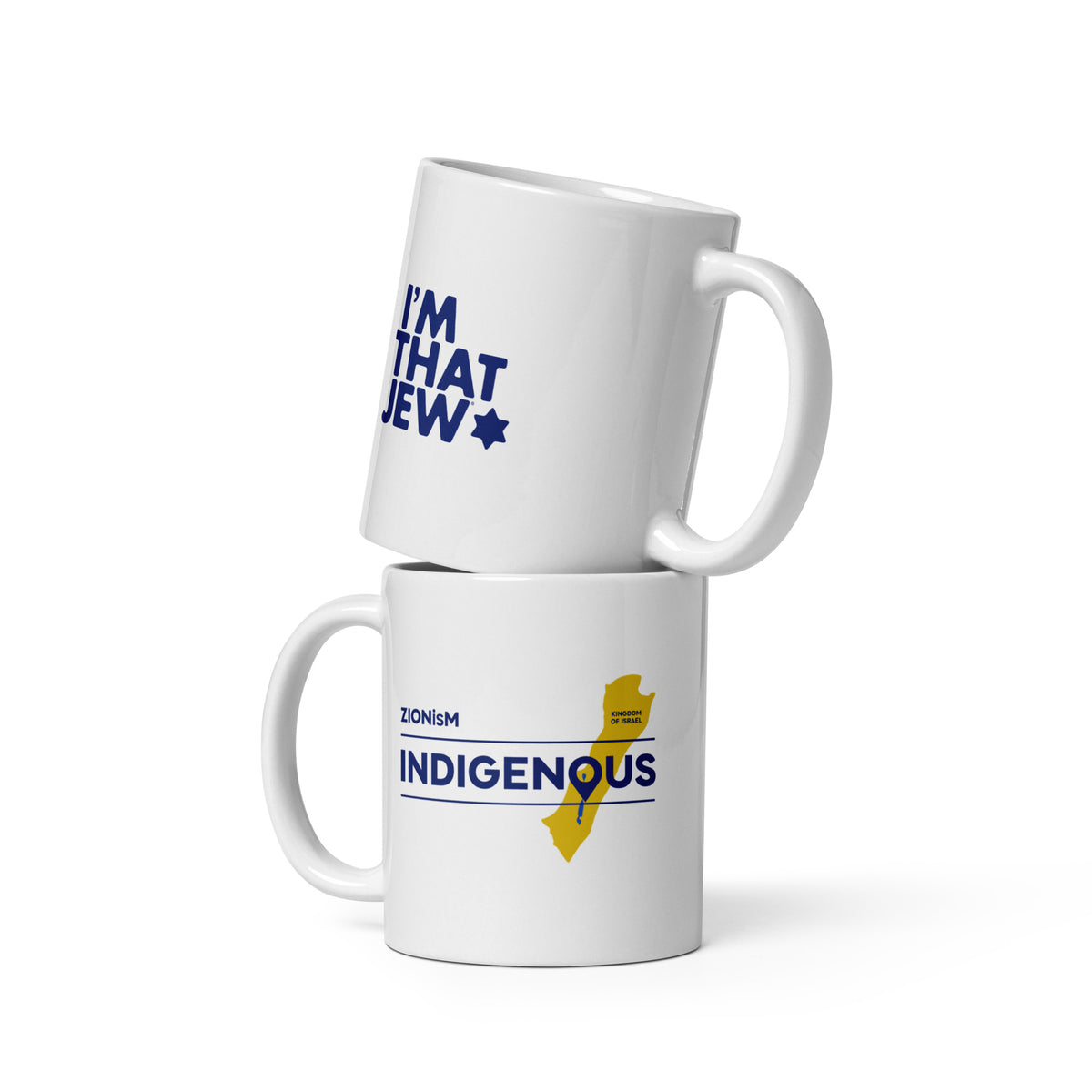 White ceramic ZIONisM Indigenous mug featuring the Zionism Is Indigenous graphic, front view