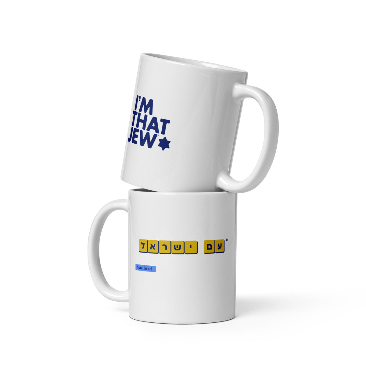 White ceramic Am Yisrael mug featuring the ZIONisM Am Yisrael design, front view