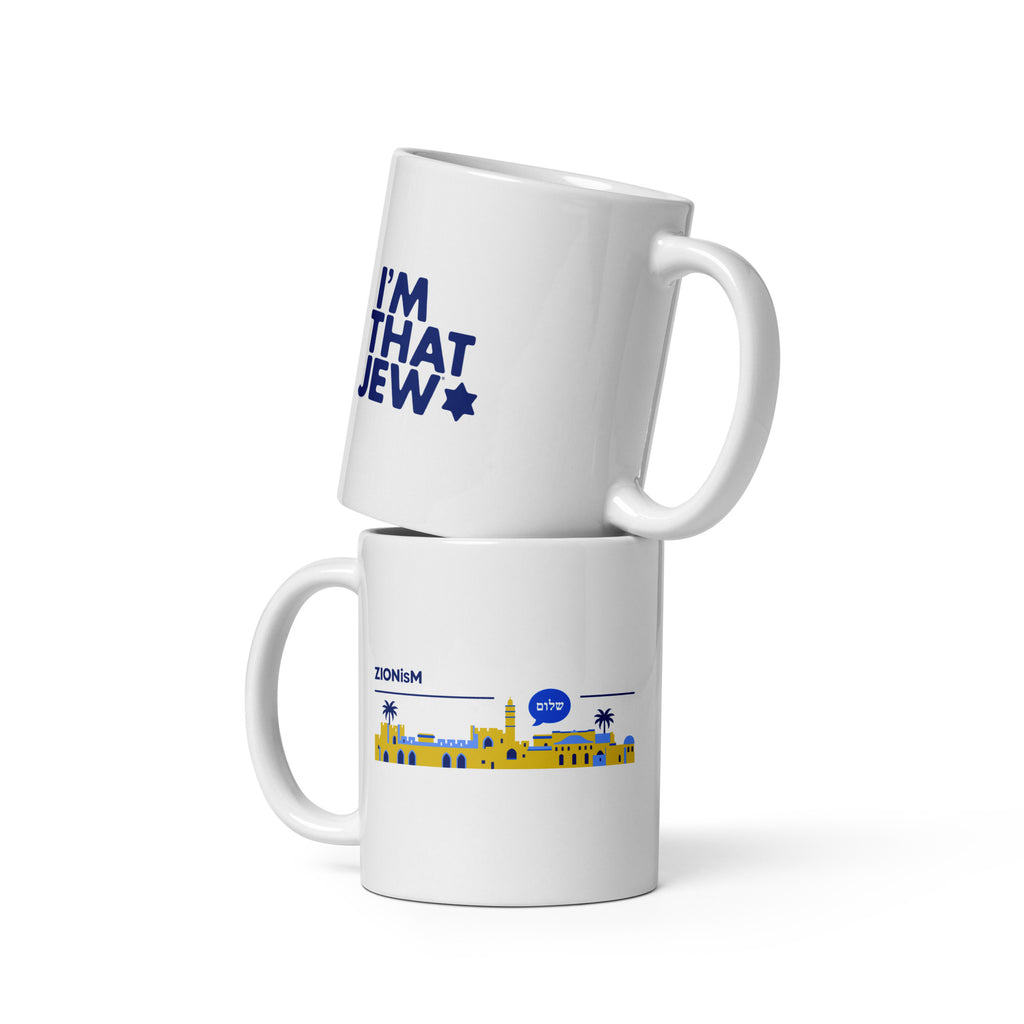 White ceramic ZIONisM Shalom mug featuring the Shalom design, front view
