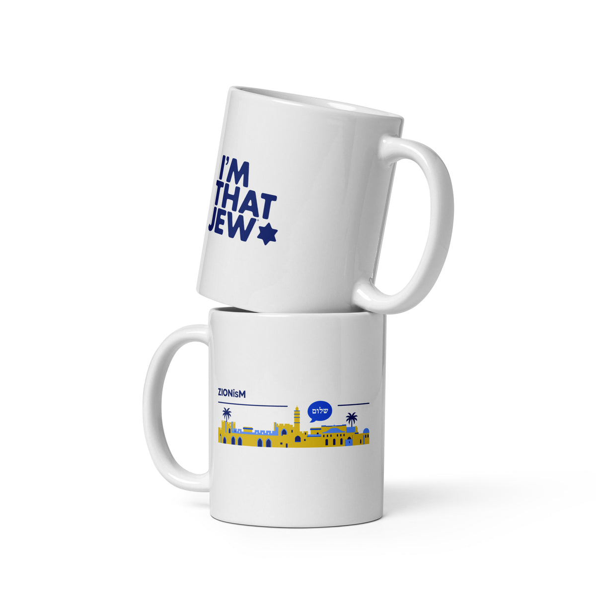 White ceramic ZIONisM Shalom mug featuring the Shalom design, front view