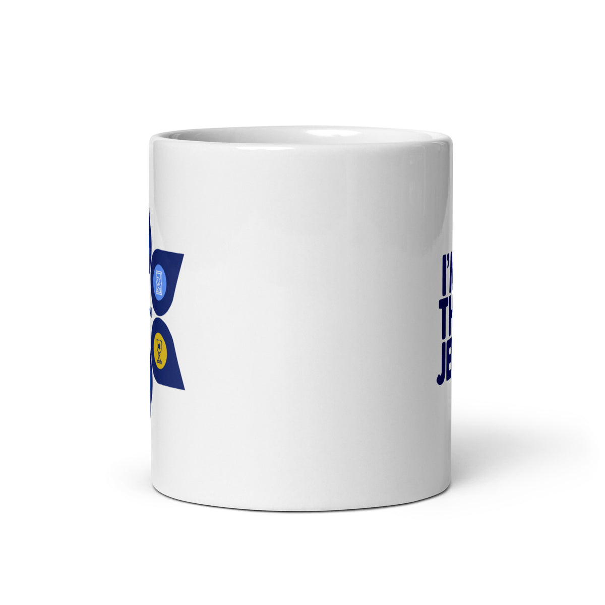 Front view of white ZIONisM Values mug with printed Zionism Is Values design