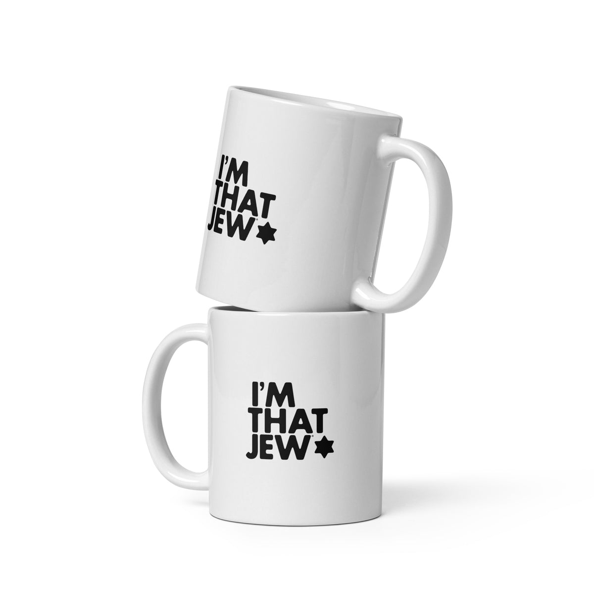 White ceramic I'm That Jew® mug with black logo by Eitan Chitayat, front view
