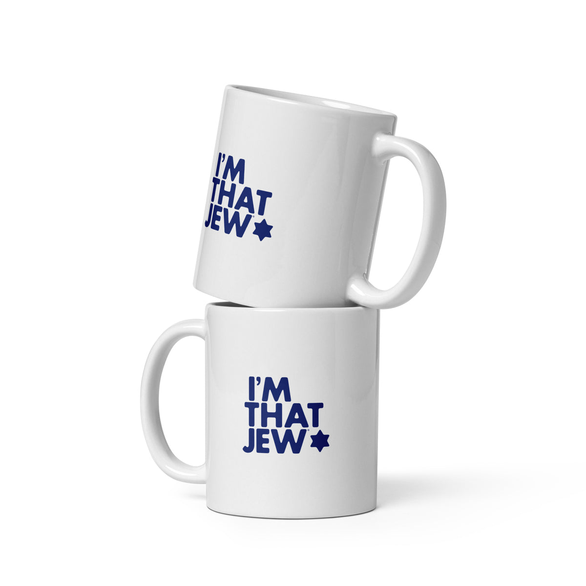 White ceramic I'm That Jew® mug with navy blue logo by Eitan Chitayat, front view