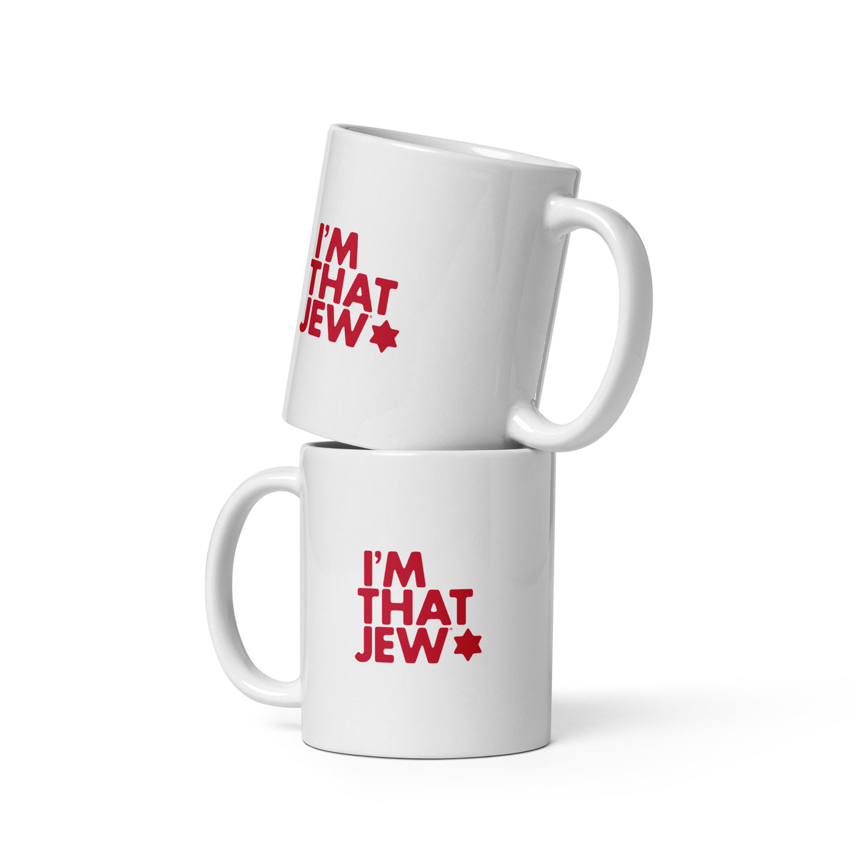 White ceramic I'm That Jew® mug with red logo by Eitan Chitayat, front view